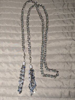 $2 with Bundle ~ Long Silver Tone Chain Necklace Blue Beaded Tassel 6329